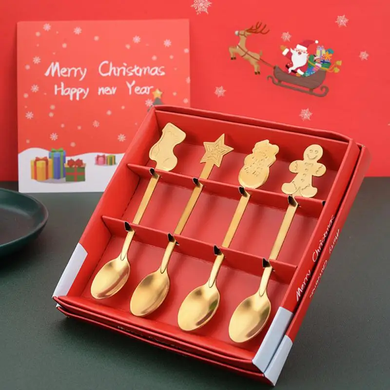 

Coffee Spoon Set Dessert Christmas Spoons Cartoon Stirring Rod Stainless Steel Long Handle Spoons Set Xmas Ornaments Home Tool