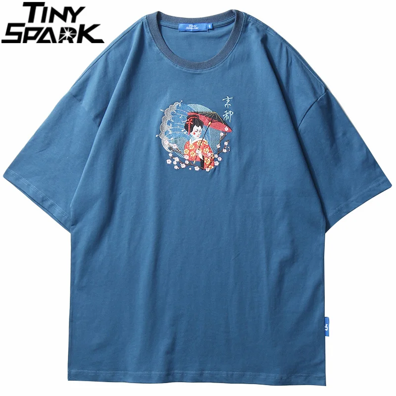 Футболка мужская с вышивкой гейши в японском стиле Харадзюку|Мужские футболки| |