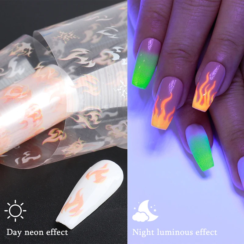 

Women Nails Manicure Tools Sticker DIY Nail Art Design Fluorescent Fire Neon Flame 1Box Nail Foil Luminous Sticker Set Fire Foil