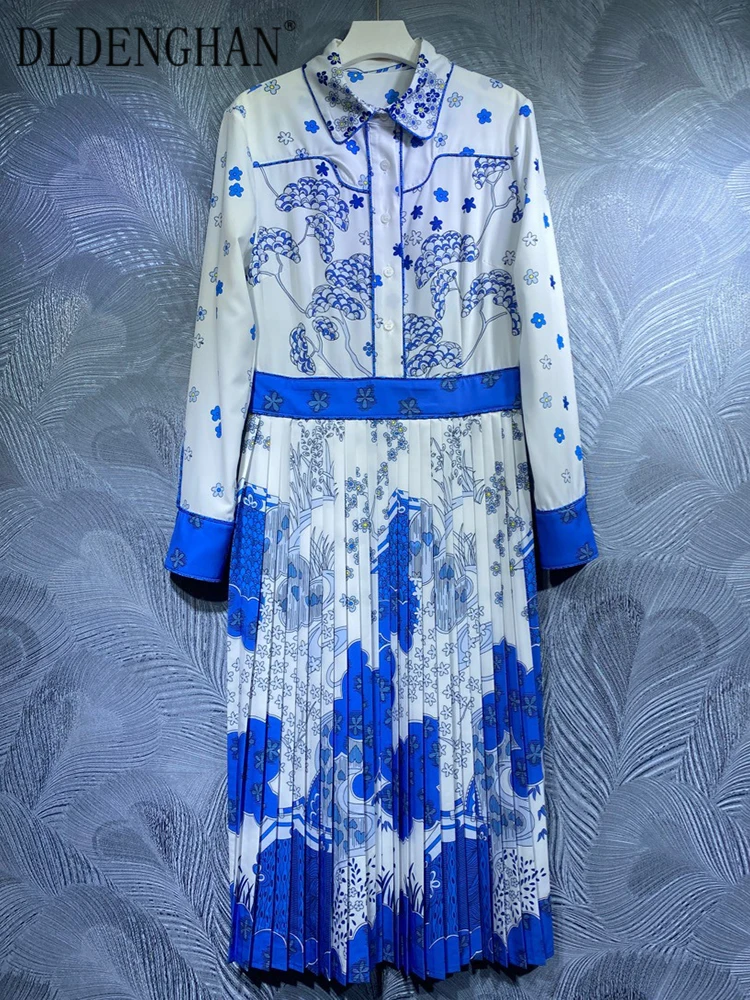 

DLDENGHAN Fashion Runway Designer Autumn Dress Women Turn-down Collar Long Sleeve Blue Flowers Print Vintage Pleated Dresses