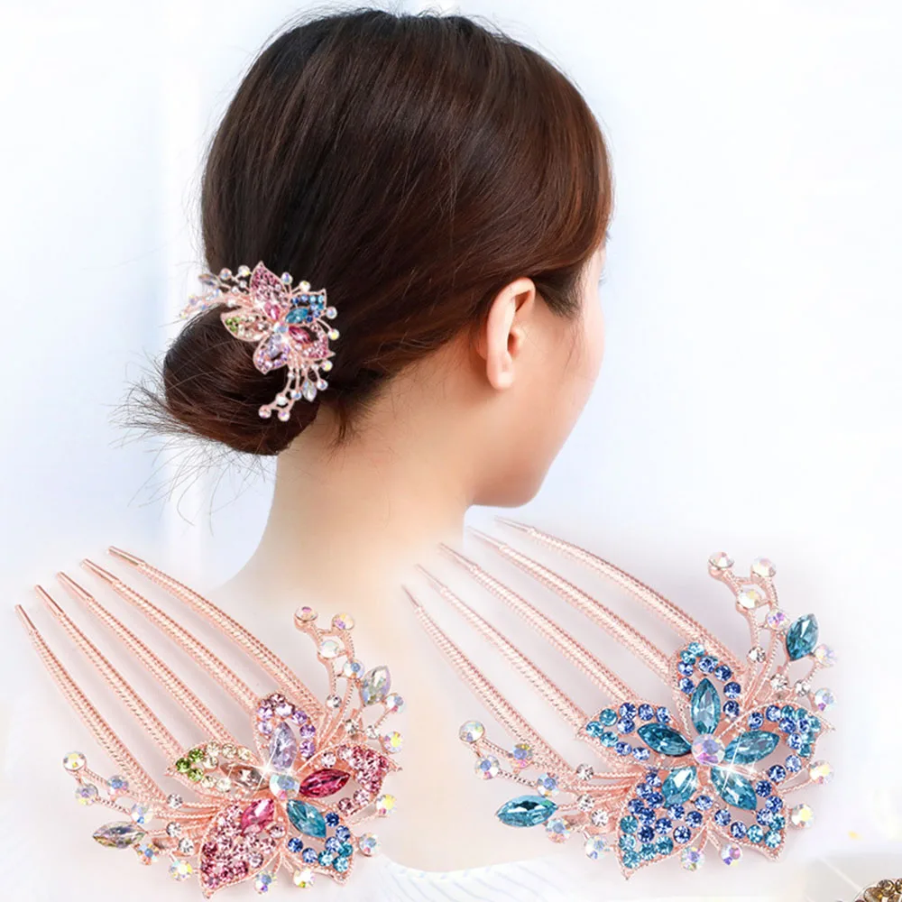 

1pc Fashion Crystal Hair Comb Colorful Flowers Rhinestone Hairpins Leaf Bridal Hair Ornaments Jewelry Wedding Hair Accessories
