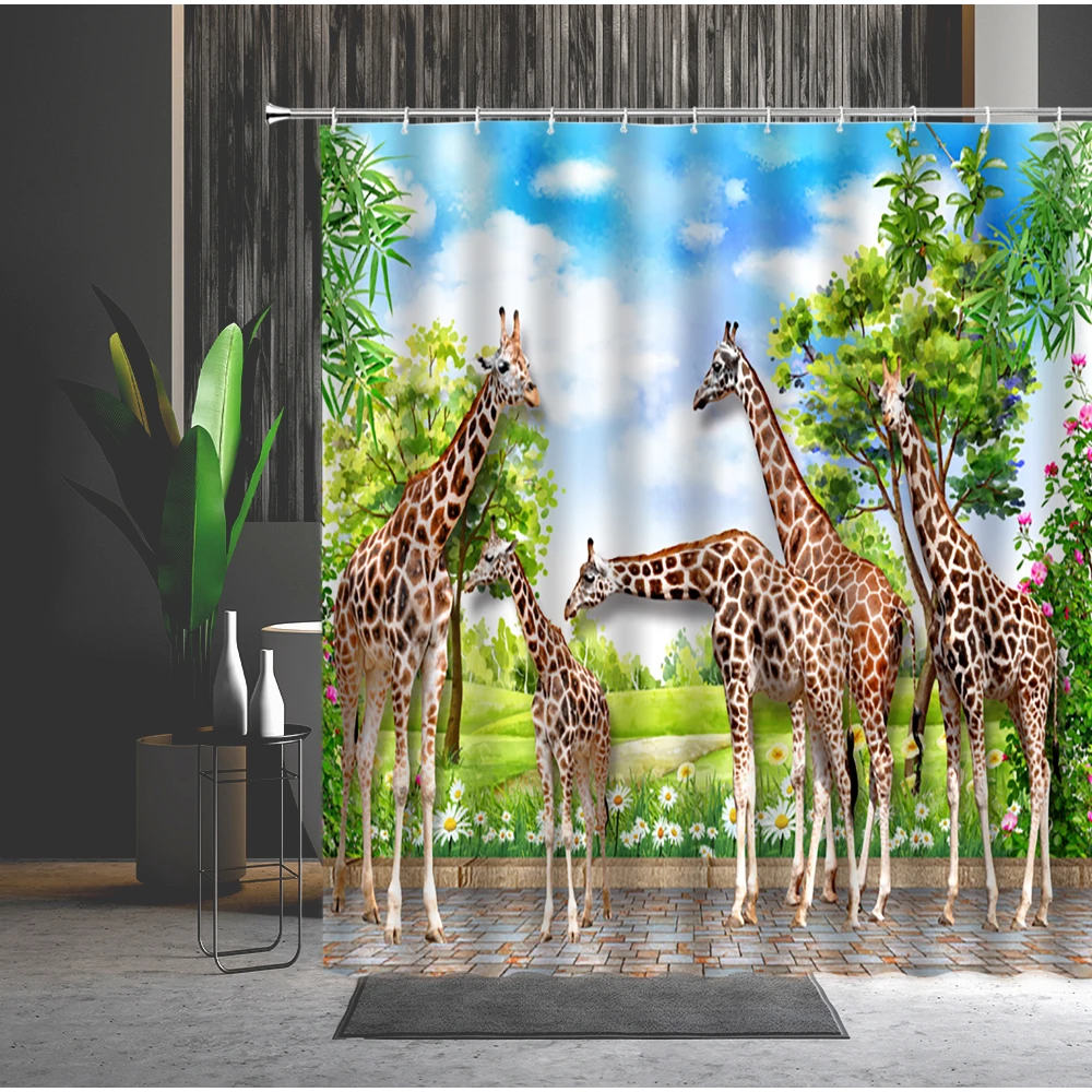 

Диких животных Душ Шторы s Жираф Животные природный пейзаж Ванная комната Декор стены ткань Шторы комплект аксессуары для ванной комнаты