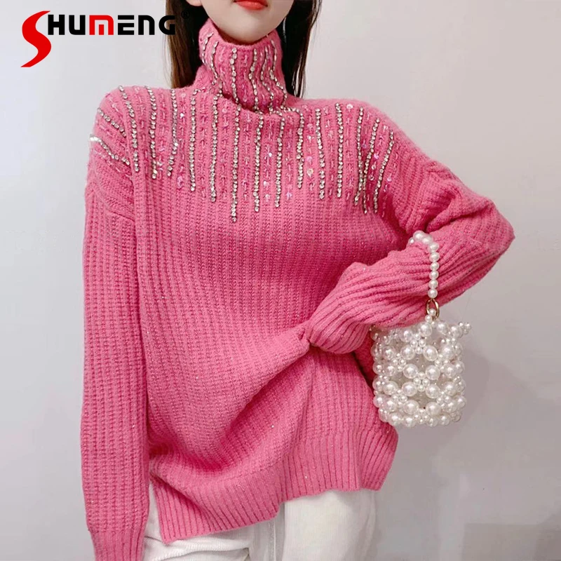 

Women's korean Turtleneck pullover Sweater 2021 Autumn and Winter ladies fashion sweet Beads Sequined Loose Slimming knitted top