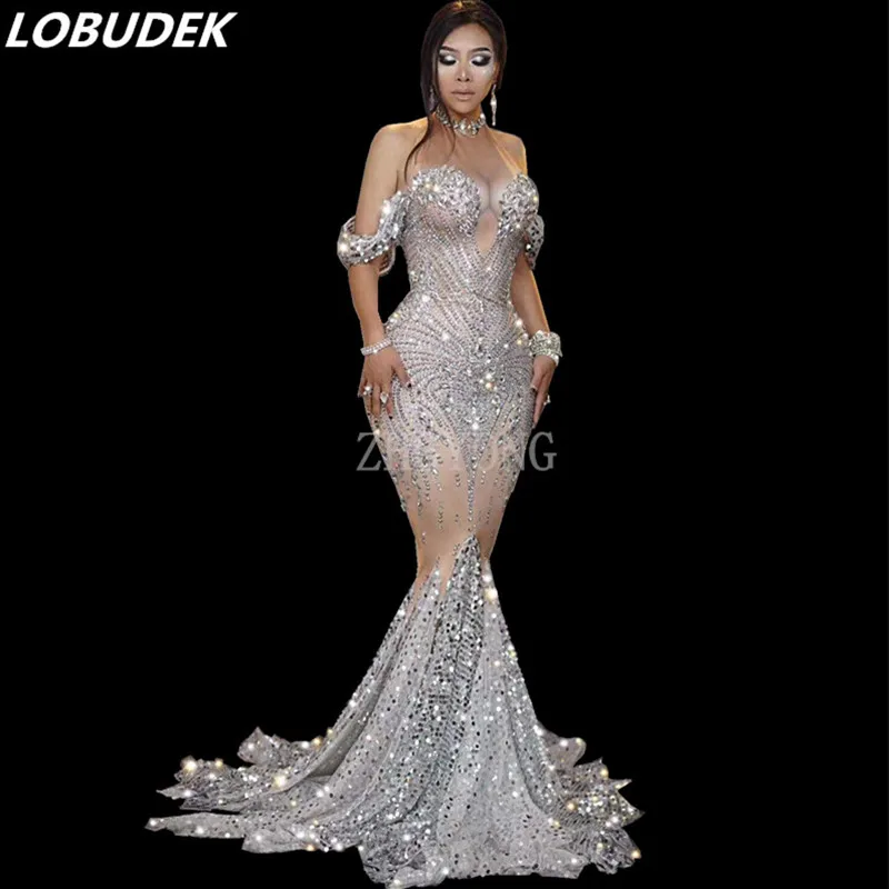 Женское платье-Русалка с серебряными камнями длинное платье для вечеринки или