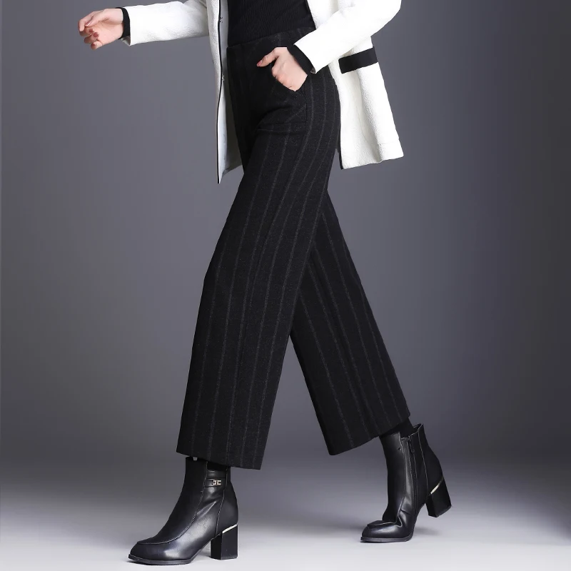 Winter Woolen Pants Women 2019 High Waist Striped Loose Female Office Trousers Plus Size S~3XL Ankle-length Elegant Woman | Женская