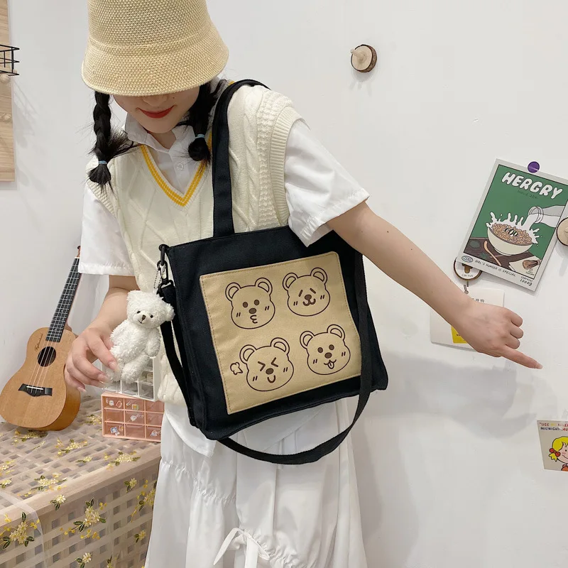

Japanese Style Cartoon Bears Print Girl's Shoulder Bag Canvas Bag For Women New 2021 Summer Crossbody Bags Messenger Bag Bolso