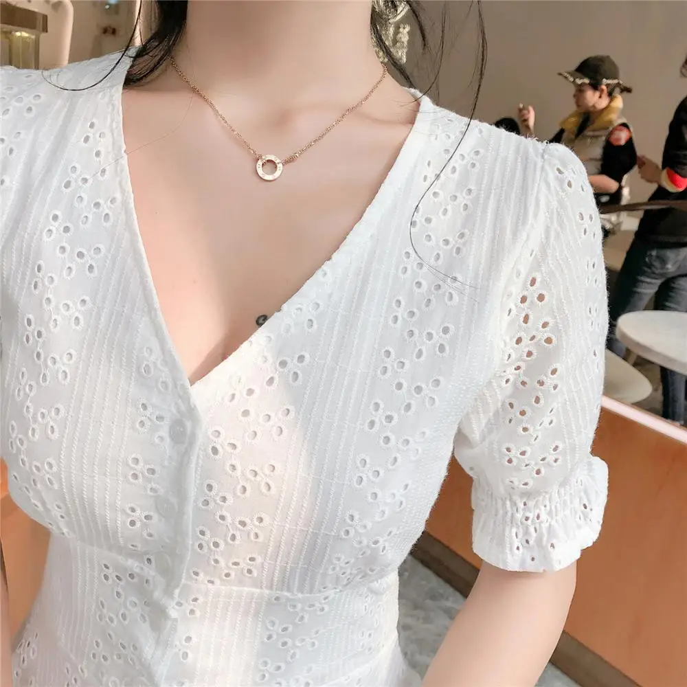 Женское ажурное платье с вышивкой Элегантное повседневное белое V образным