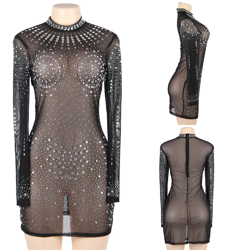 

Comeonlover Women Babydoll Clubwear Long Sleeve Mesh Rhinestone Sleepwear Dress Sexy O-neck Transparent Erotic Plus Size RI80918