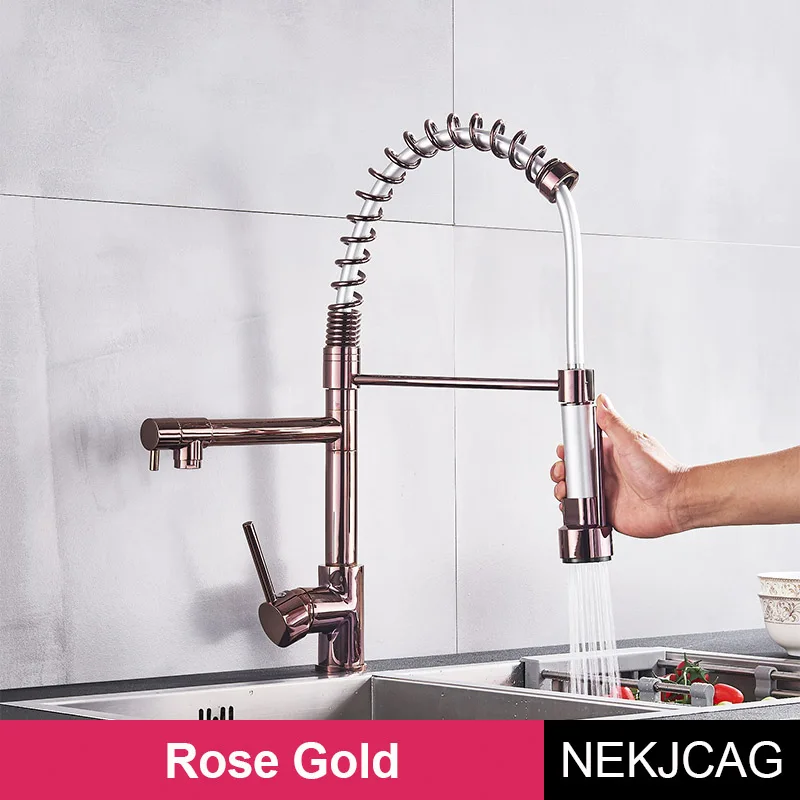 Rose Gold Весенний кухонный кран нажимной разбрызгиватель с двойной насадкой смеситель с Одной ручкой раковина смеситель для горячей и холодной воды 360 in - Цвет: Rose Gold