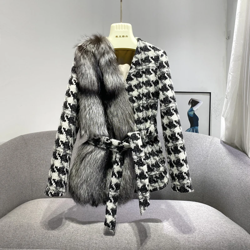

Newest Luxury Genuine Silver Fox Fur Women's Fur Coat High Quality Fashion Houndstooth Plaid Wool Overcoat For Women