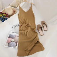 v neck solid knitted dresses casual all match simple fashion korean women dress elegant vestidos new clothes 2021