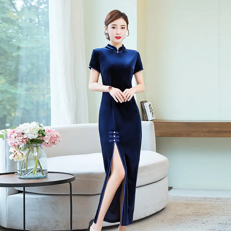 Длинное платье Чонсам в китайском стиле ретро растягивающееся бархатное с