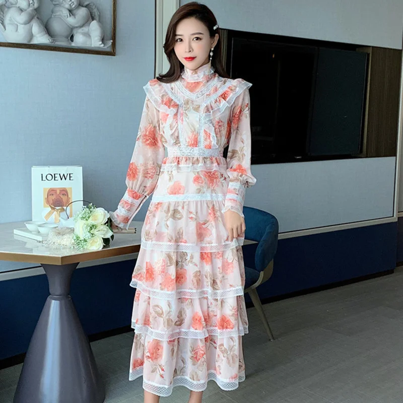 Runway High Quality Bohemian Style Lace Trim Ruffles Dress Spring Women Stand Collar Lantern Sleeve Vintage Party Vestidos | Женская