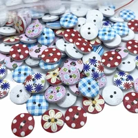 30pcs new flower printed round wooden button 2 holes 15mm mixed wood buttons sewing accessories for clothing decoration diy