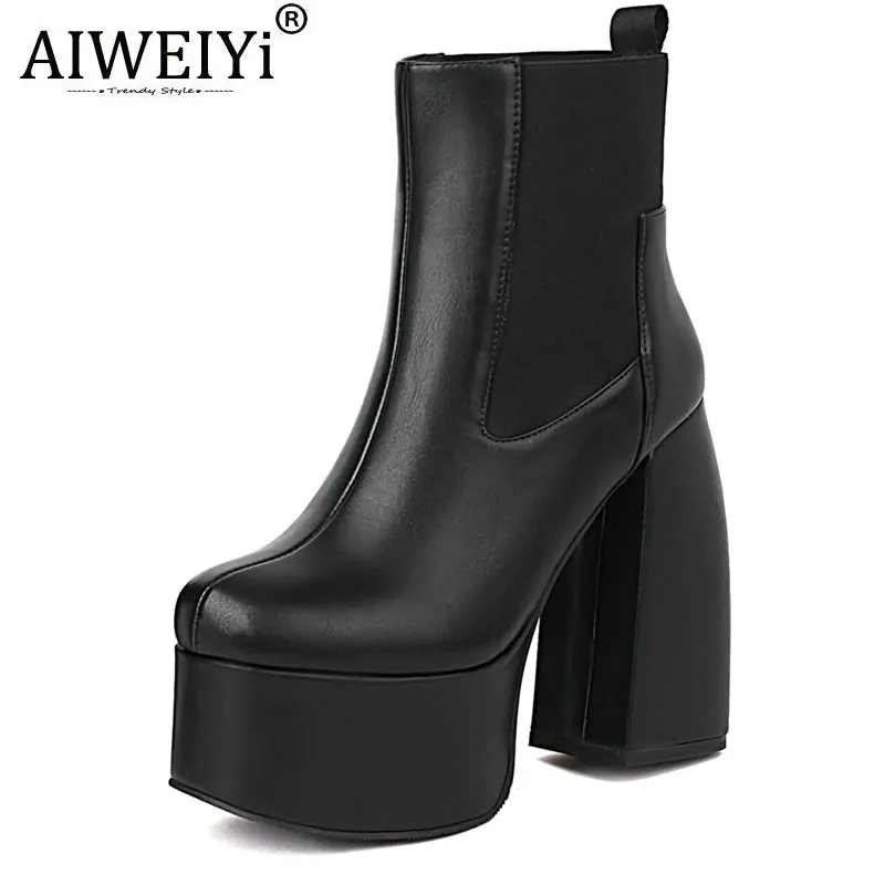 

Super High Heels Ankle Boots for Woman Black Square toe Elastic Black High Heels Shoes Woman Punk Style Goth Boots Footwear