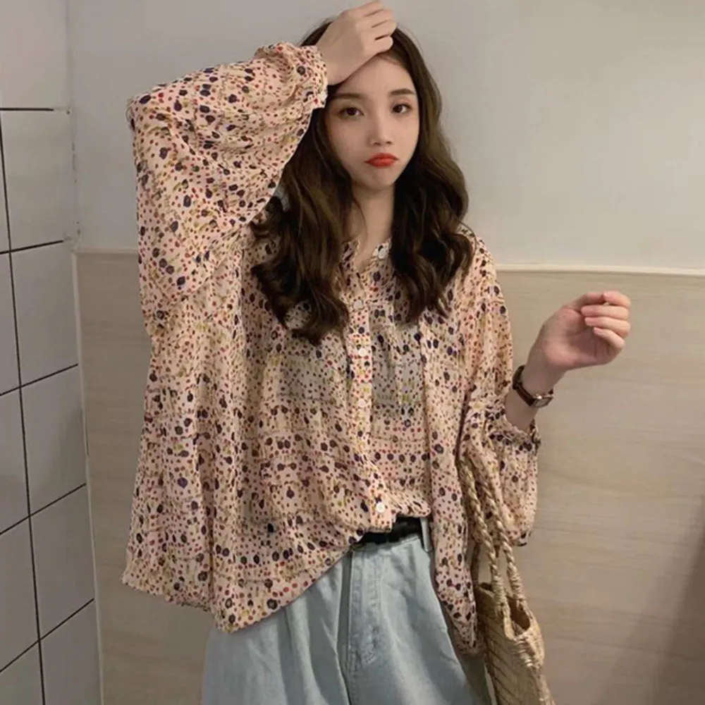 

Korean Version Japanese Blouse Spring Summer Fashion Temperament Loose Casual Chiffon Printing Bat Sleeve Round Neck 2021