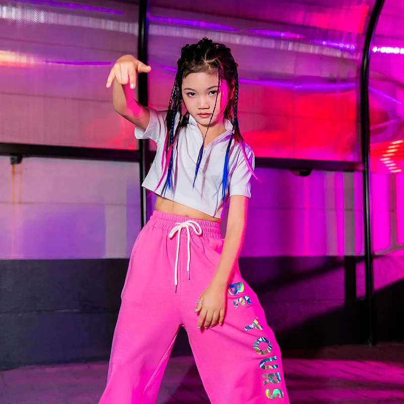 

New Girls Jazz Dance Suit Children Street Dance Practice White Tops Pink Pants Kids Hip-Hop Stage Performance Costumes DQL5407