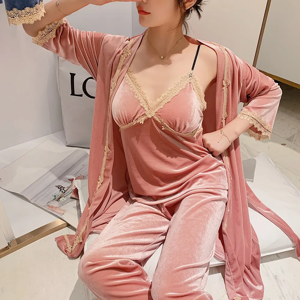 

Lace Sexy Nightwear Intimate Lingerie 3PCS Pajamas Suit Velvet Autumn New Sleepwear Female Sleep Set Casual Home Clothing