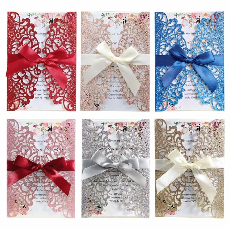 

20pcs Glitter Hollow Invitations Cards with Envelopes Ribbon for Wedding Invite QX2E
