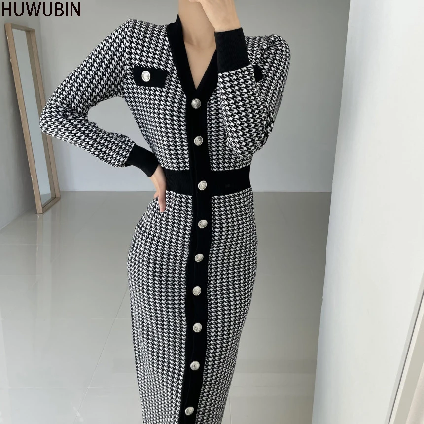 

2021 Summer New Korean Chic V-Neck Single Breasted Knitted Long Sleeve High Waist Slim Stitching Fashionable And Elegant Dress