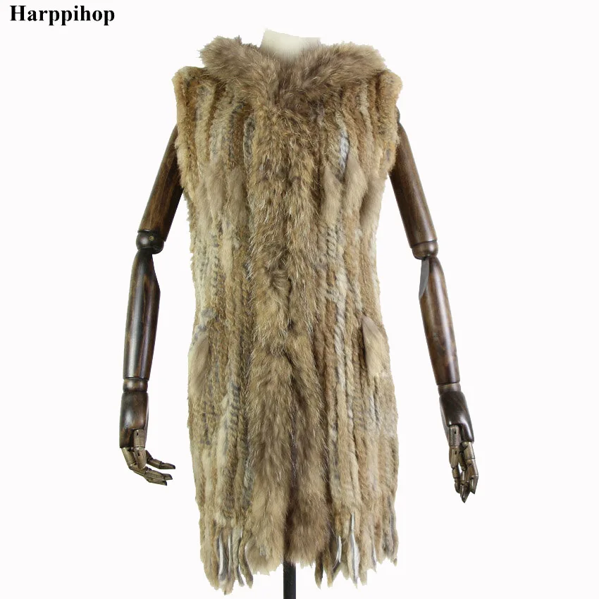 

Harppihop* Women New Genuine Rabbit Fur Vest With Hood Fashion Raccoon Fur Collar Waistcoats Warm Natural Fur Long Gilet