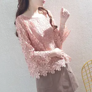 Женская весенне-осенняя кружевная блузка, однотонная ажурная блузка с круглым вырезом и длинным рукавом, элегантные кружевные топы DF3930