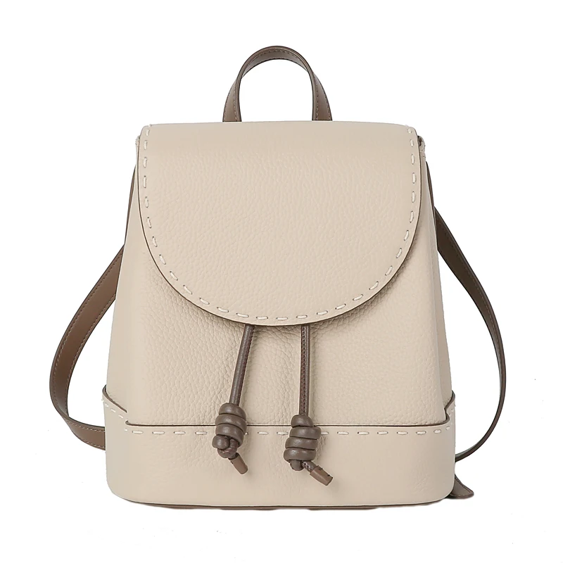 White Sewing Design Women's Backpack 100% Genuine Leather Preppy Schoolbag for Girls Beige High Quality Shoulder Bag Knapsack