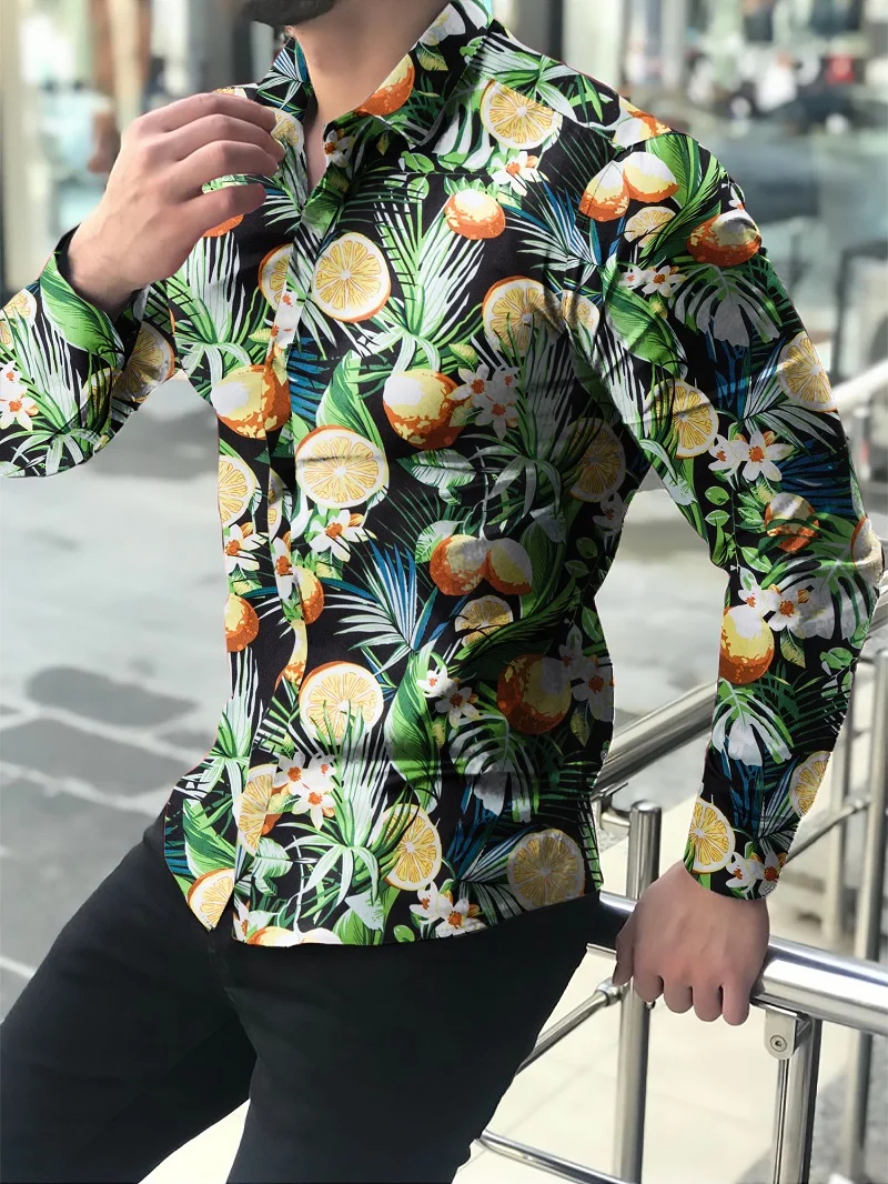 Camisas florales de manga larga de Otoño de 2021 para hombres camisas estampadas con flores de corte delgado para hombres cam