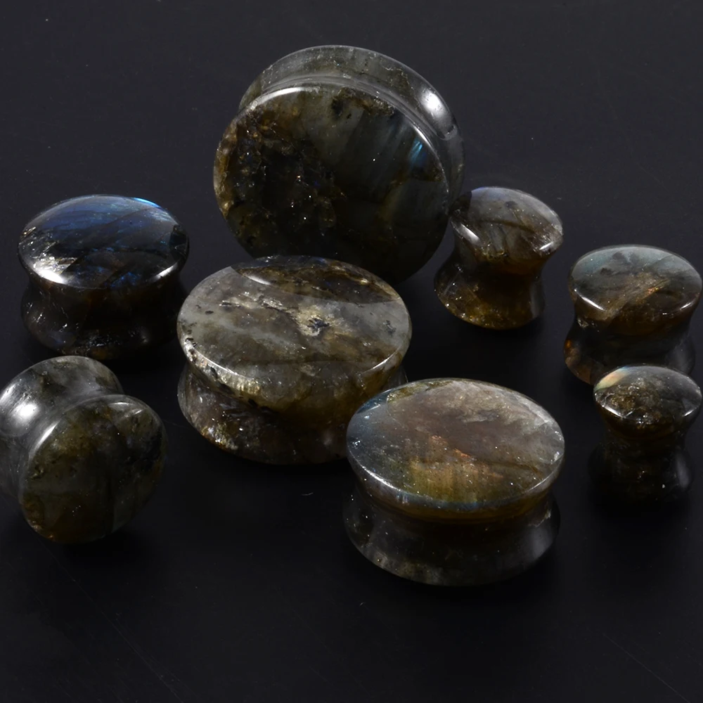 

PAIR Labradorite Stone Ear Plugs Flesh Tunnel Expander Gauge Piercing Stretchers Body Jewelry Double & Single Flare with O-Ring