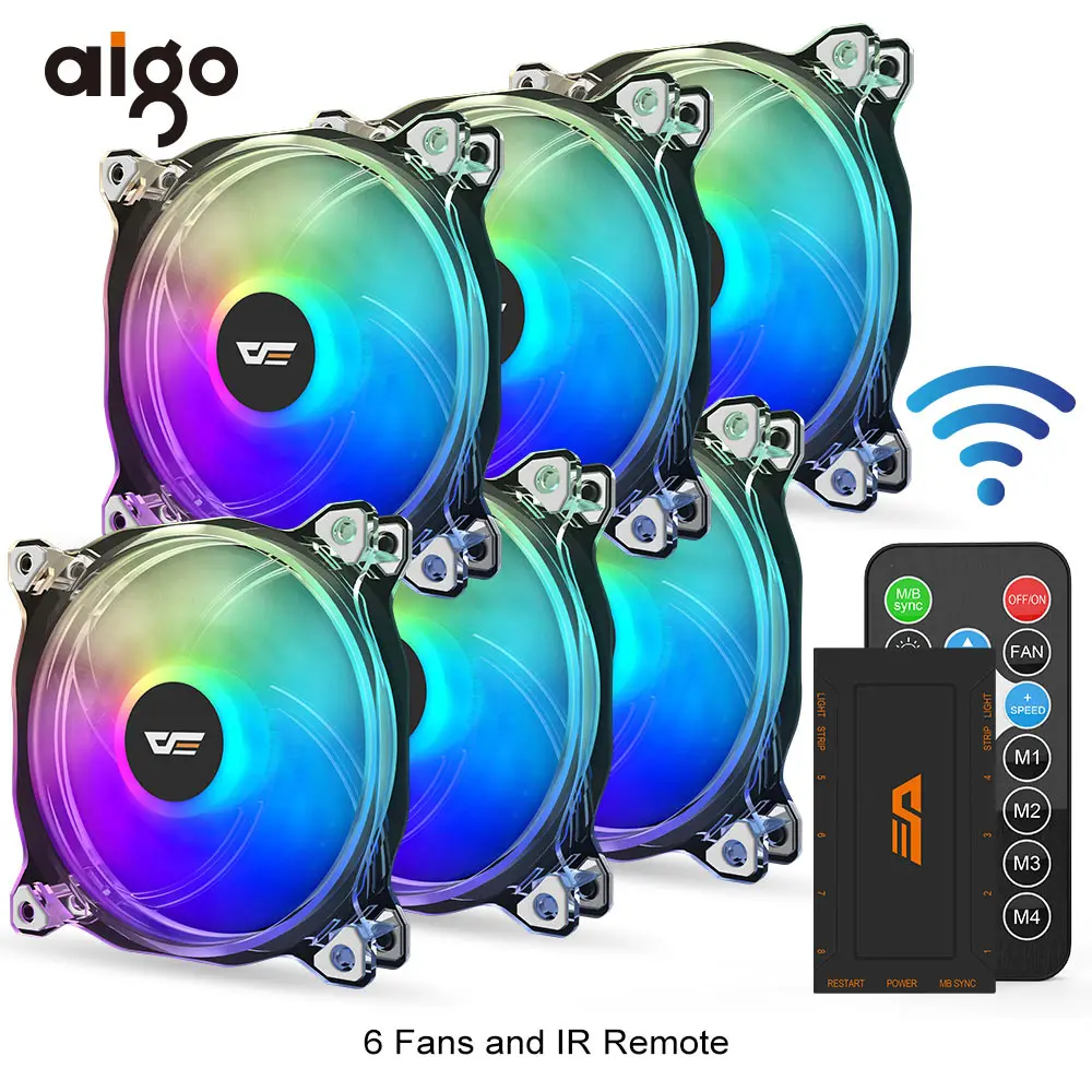 6 fan and controller Aigo CF8Pro, чехол для компьютера, ПК, RGB вентилятор, прозрачная рамка, 120 мм, вентиляторы, тихий+ удаленное охлаждение компьютера, ASUS AURA SYNC, кулер для процессора, RGB чехол, вентилятор - Цвет лезвия: 6 fan and controller
