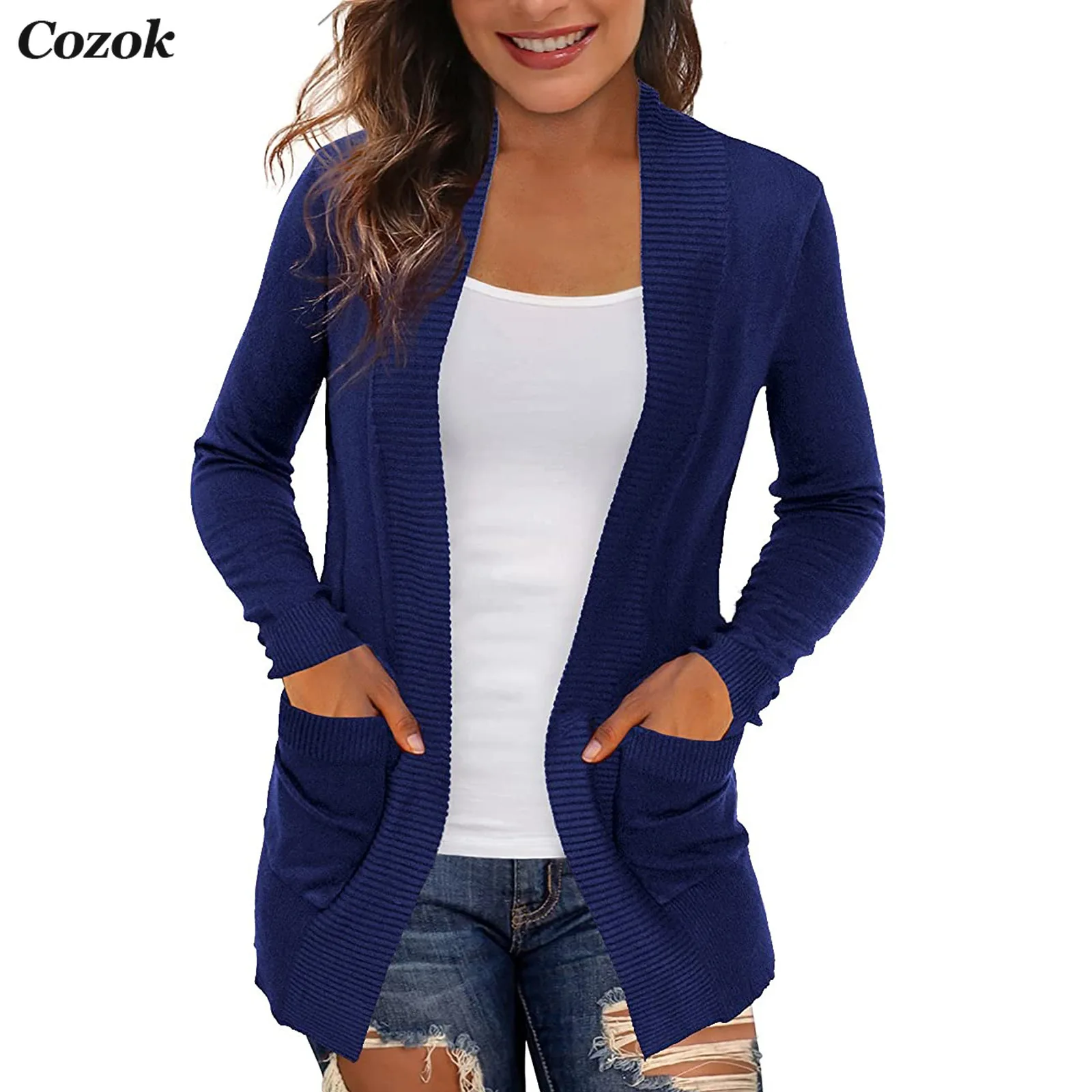 

2021 Autumn Winter Women's Solid Casual Knitting Cardigans Sweaters with Pockets Lightweight Open Front Cardigan Female Coat