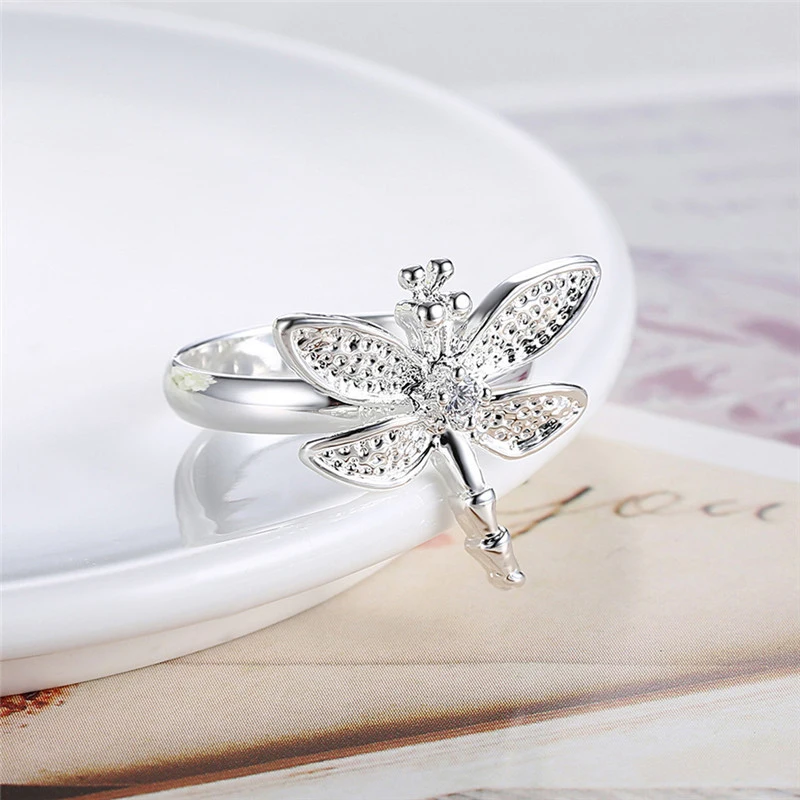 Creative Silver Color Dragonfly Ring For Women Korean Fashion Women's Wedding Rhinestone Jewelry Exquisite Party Accessories | Украшения