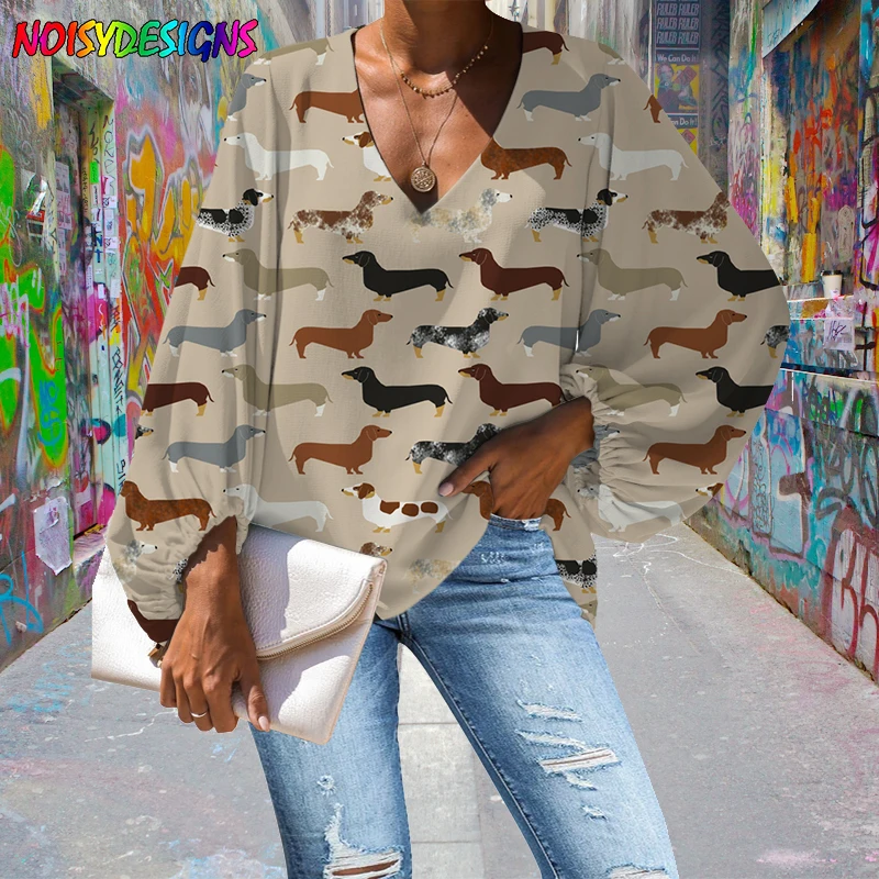 

NOISYDESIGNS Kawaii Dachshund Pet Prints Autumn Women Long Sleeve Loose Shirt Breathable Pluse Size Chiffon Blouse Dropshipping