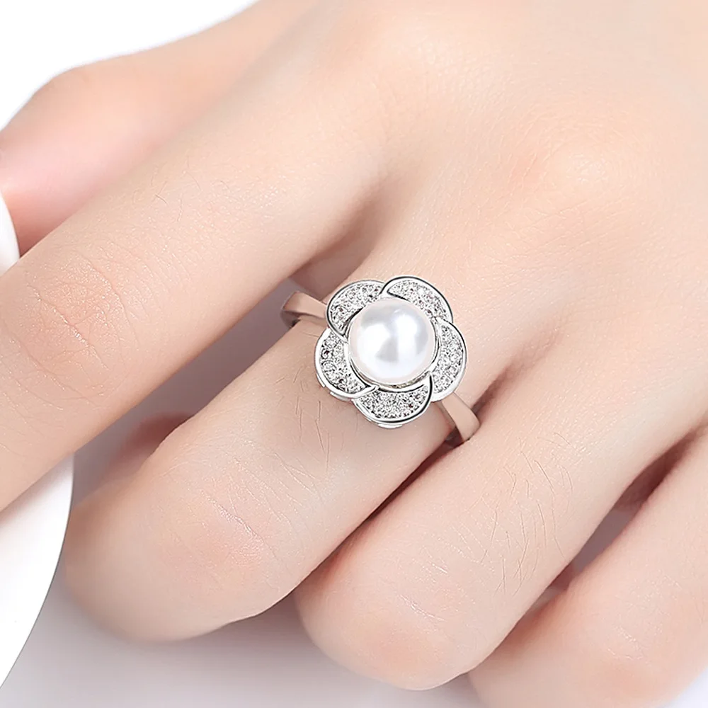 

New Best-selling Cute Simulated-Pearl Ring Simple Creative Flower Ring Full Filled Cubic Zircon Woman Rings for Engagement