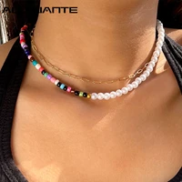 double layered rainbow asymmetric pearl beads necklace for women imitation pearl choker seed bead boho necklaces simple jewelry