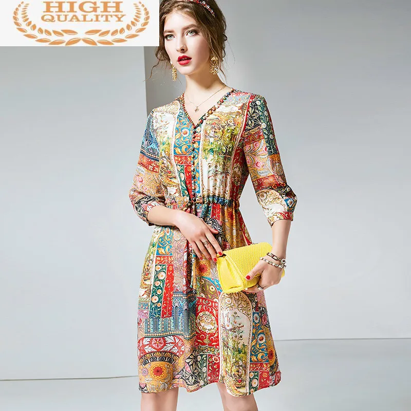 

Dress Real Silk Women Summer Dress Korean Fashion Print Midi Beach Dress Elegant Vintage Party Dress Vestidos Mujer R6208 YY2683