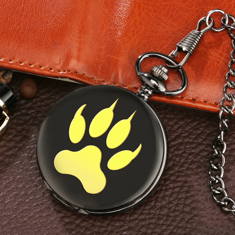 

2020 Customized Bear Paw Print Black Smooth Quartz Pocket Watch Fob Chain Arabic Numerals Steampunk Clock Gifts Unisex Dropship