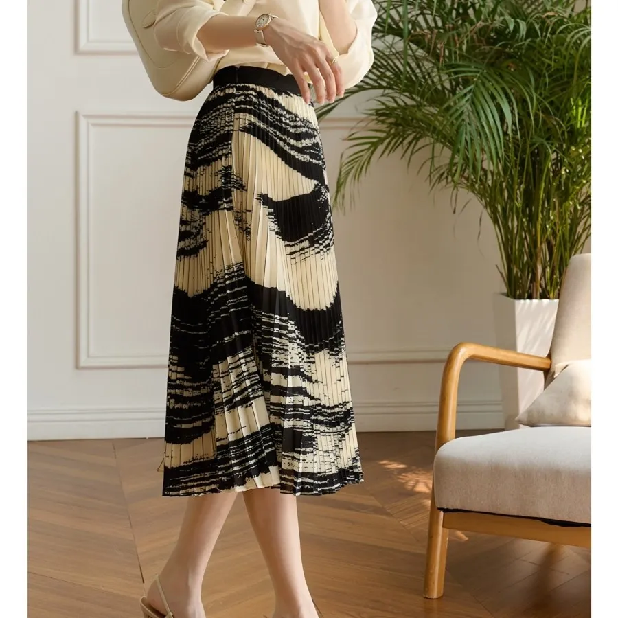 Elegant Contrast Color Ink Print Pleated Slimming Skirt Women 2021 New Spring And Summer Mid-length Skirt