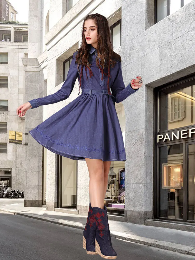 

Clearance Sale 2020 Autumn New Denim Dresses for Women Long Sleeve Retro Ethnic Style Embroidered Skirt Ladies Party Dress
