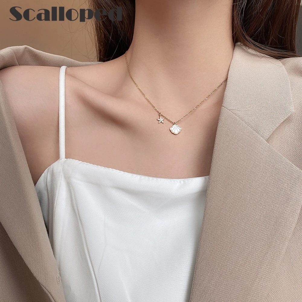 

SCALLOPED Women Starfish Shell Pendant Necklaces 2020 New High Quality Zircon Statement Jewelry Gifts