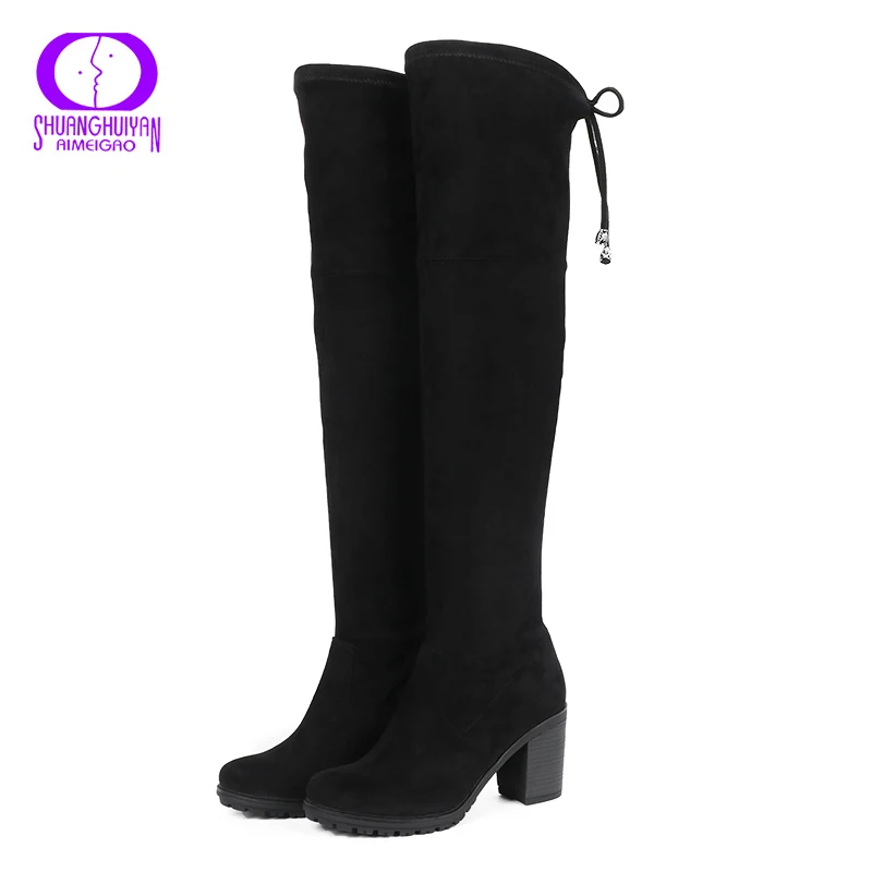 Черный AIMEIGAO Black Suede Long Boots Women Thigh High Over The Knee Winter Boots Women High Heels Soft Leather Boots Femme Botas - Цвет: Черный
