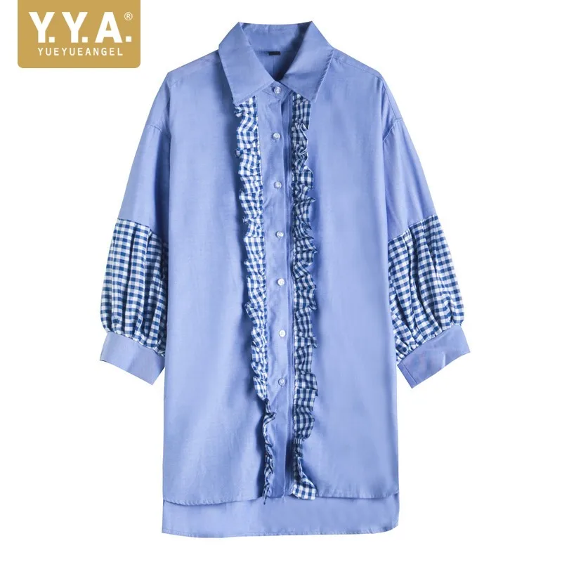

Vintage Women Preppy Style Mixed Colors Loose Dress Single Breasted Lantern Sleeve Turn-Down Collar Office Lady Above Knee Dress