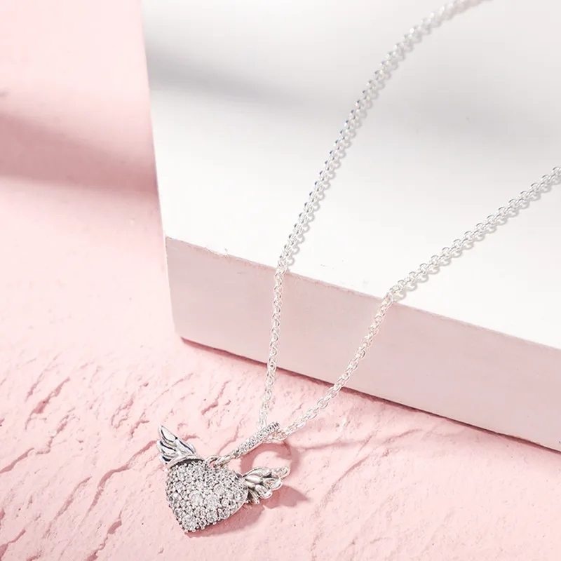 

Gift Pave Heart Angel Wings Pan Necklace 925 Sterling Silver Jewelry Chain Pendant Necklaces For Woman Silver 925 Jewelry