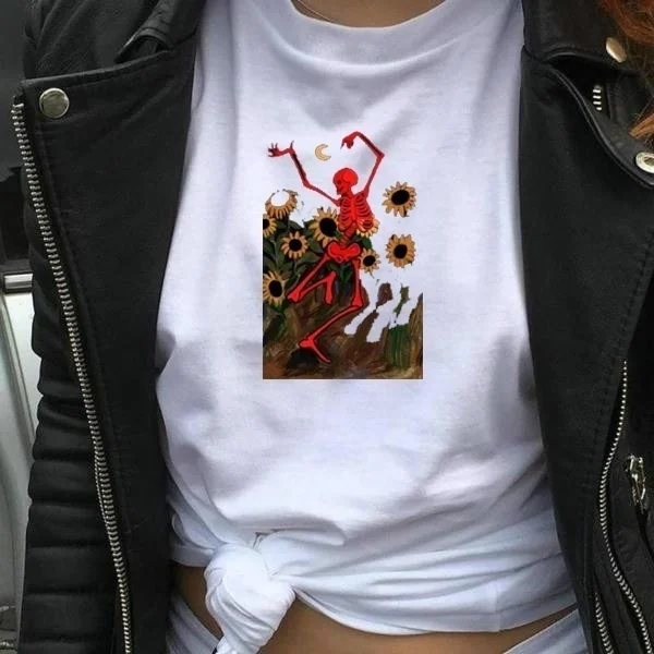 Футболка pudo-XSX с рисунком скелеты для танцев на подсолнухах, забавная футболка унисекс, хлопковая Повседневная винтажная Женская одежда в стиле 70-х