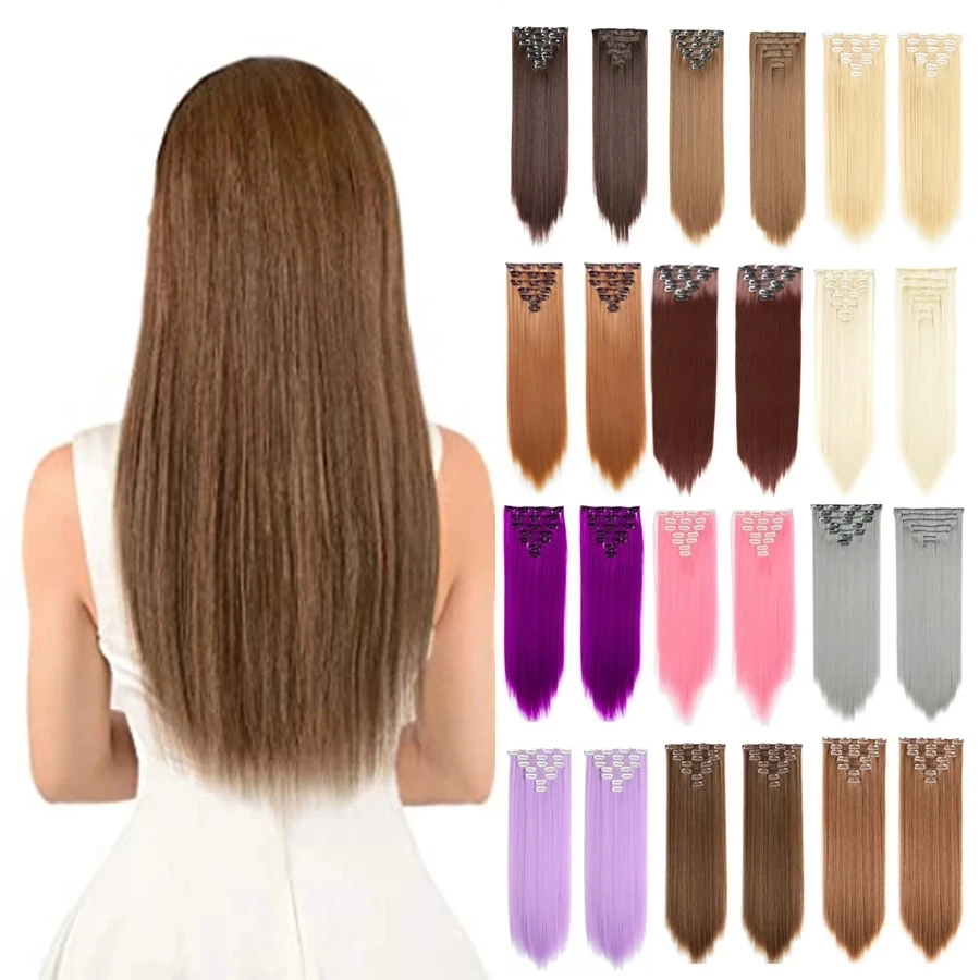 

Kong&Li 66 colors 16 clips Long Straight Synthetic Hair Extensions Clips in High Temperature Fiber Black Brown Hairpiece