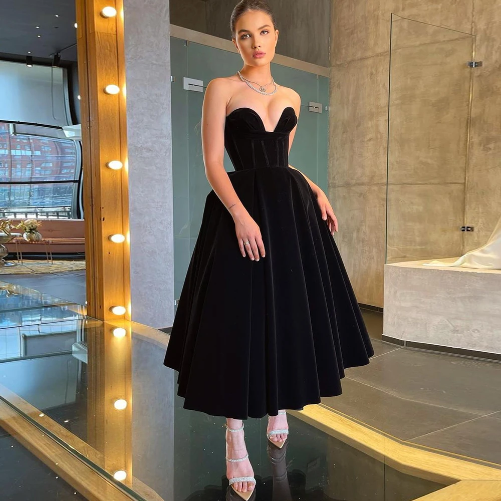 

Black Velour Evening Dress For Woman Sleeveless A Line Tea Length Long Prom Party Gown Sexy Velvet Robe De Soriee Femme 2022 New