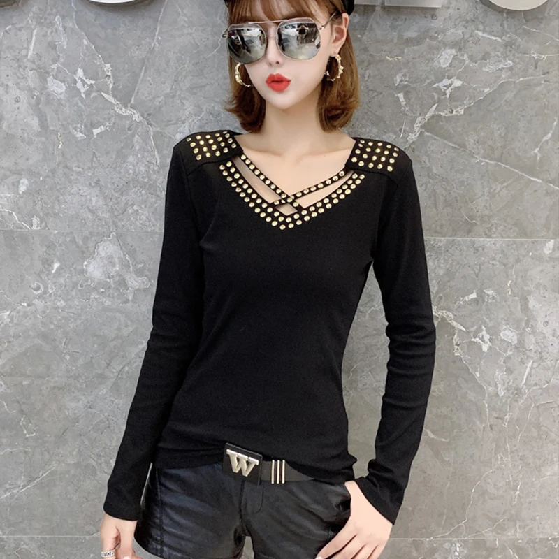 

#5662 Black Streetwear Hip Hop T Shirt Women Hollow Out Sexy Rivet V Neck Long Sleeve Basic T Shirt For Girl Cotton Korean Style