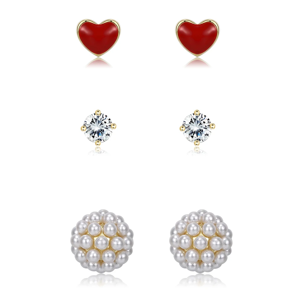 

SILVERHOO 100% 925 Sterling Silver For Women Round Zircon Stud Earrings Red Heart And Ball Pearl Earrings Set Wedding Jewelry