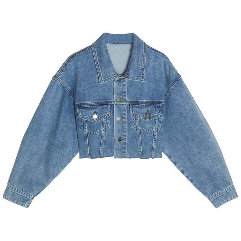 Джинсовая куртка пальто корейская Свободная с карманами и отворотами короткая