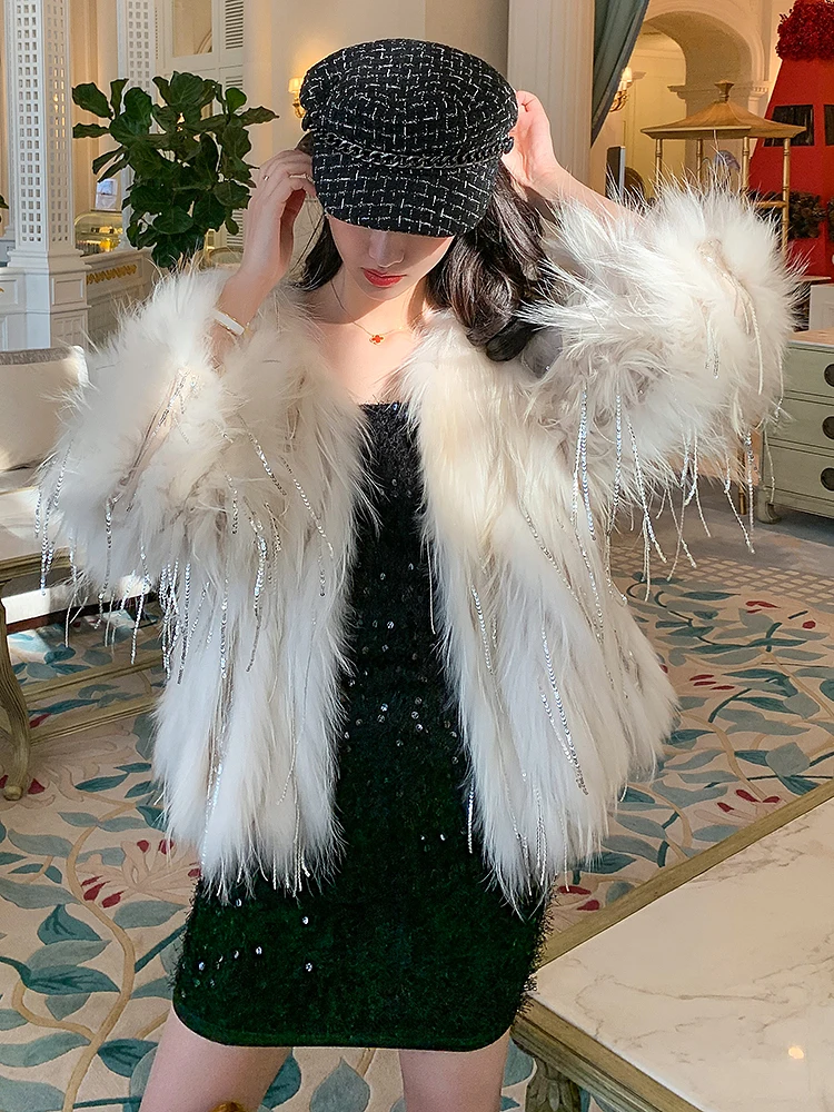 RosEvans Women Ins Real Raccoon Fur Knitted Fur Jacket Coat Mid-Length 2020 Winter New Tassel Crystal Young Girl Korean